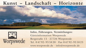 Ausk�nfte, Brosch�ren, Informationen und Karten gibt es bei der "Worpsweder Touristik- und Kulturmarketing GmbH" (im Philine-Vogeler-Haus), Bergstr. 13, Tel.: 04792/935820, Fax.: 04792/935823, Mail: info@worpswede.de, Homepage: www.worpswede.de