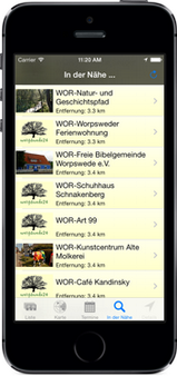 Screenshot der Worpswede24-App für iPhone, iPad + Android (www.worpswede-app.de) - GPS-gesteuert Worpswede neu entdecken ...